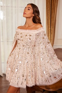 Robe de soirée A-Line à épaules dénudées avec fente perlée dans le dos et col rond pour les fêtes de bal et de mariage - Product Image 2
