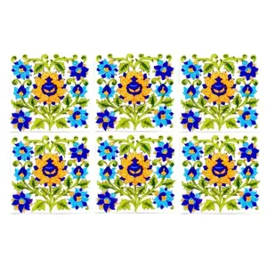 Juego de 6 azulejos de pared hechos a mano de cerámica marroquí azul de 6x6 pulgadas para decoración del hogar-Azulejos de cerámica - Product Image 1
