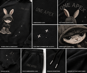 ชุดเซ็ตแฟชั่นสตรีทแวร์ยูนิเซ็กซ์ เสื้อฮู้ดดี้โอเวอร์ไซส์ลายกระต่ายสีดำพรีเมียม ผ้าหนา กางเกงวอร์มขายาวทรงกว้าง รับผลิตแบบ OEM ODM - Product Image 6