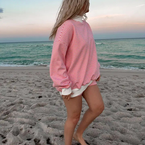 Fabricante de Sudaderas con cuello simulado a rayas grandes en blanco y rosa oscuro holgadas informales para mujer 2025 personalizadas - Product Image 3