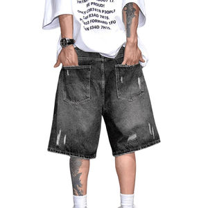Mens <b>Black</b> Washed Denim <b>Shorts</b> Distressed Ripped Design Loose Fit Casual Streetwear 100% Cotton Woven Knee Length Summer Fashion - Product Image 2