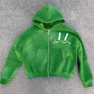 Sudadera con capucha y cremallera con estampado de parches bordados lavados con ácido y desteñidos de 100% algodón con logotipo personalizado, ropa de calle con diamantes de imitación - Product Image 1