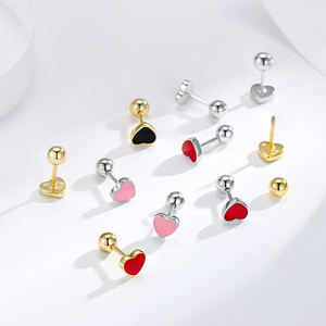 LE117 925纯银时尚简约黑色爱心心形珠子小耳钉女性青少年穿孔饰品 - Product Image 2