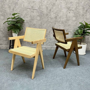 Fauteuil d'appoint V-Leg fait main GCF166 en cuir inclinable avec accoudoirs en bois de frêne et dossier en rotin tressé pour la maison et le bureau - Product Image 4