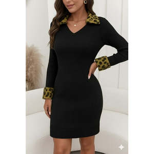 Robe corset à manches longues et col en V pour femme avec détail en fourrure, 30502 - Noir - Product Image 1