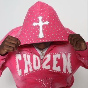 Conjunto de chándal unisex oversize lavado con ácido y diamantes de imitación con cremallera bordada de peso pesado personalizada - Product Image 3