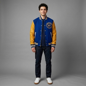 Chaqueta Universitaria Azul Rey con Detalles Dorados, Cuerpo de Lana, Mangas de Cuero, Cuello y Puños de Punto Acanalado, Cierre Frontal con Broches, Logotipo Personalizado, Ropa Urbana para Hombre - Product Image 1