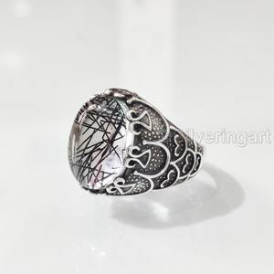Bague en argent sterling 925 pour homme, avec pierre précieuse naturelle quartz rutile noir, pierre de naissance de avril, bijou cadeau de Noël arabe, vente en gros - Product Image 1