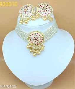 Conjunto de collar de Latón chapado en oro de alta calidad para mujer estilo étnico nupcial indio con cadena de hilo de perla Kundan para boda - Product Image 4