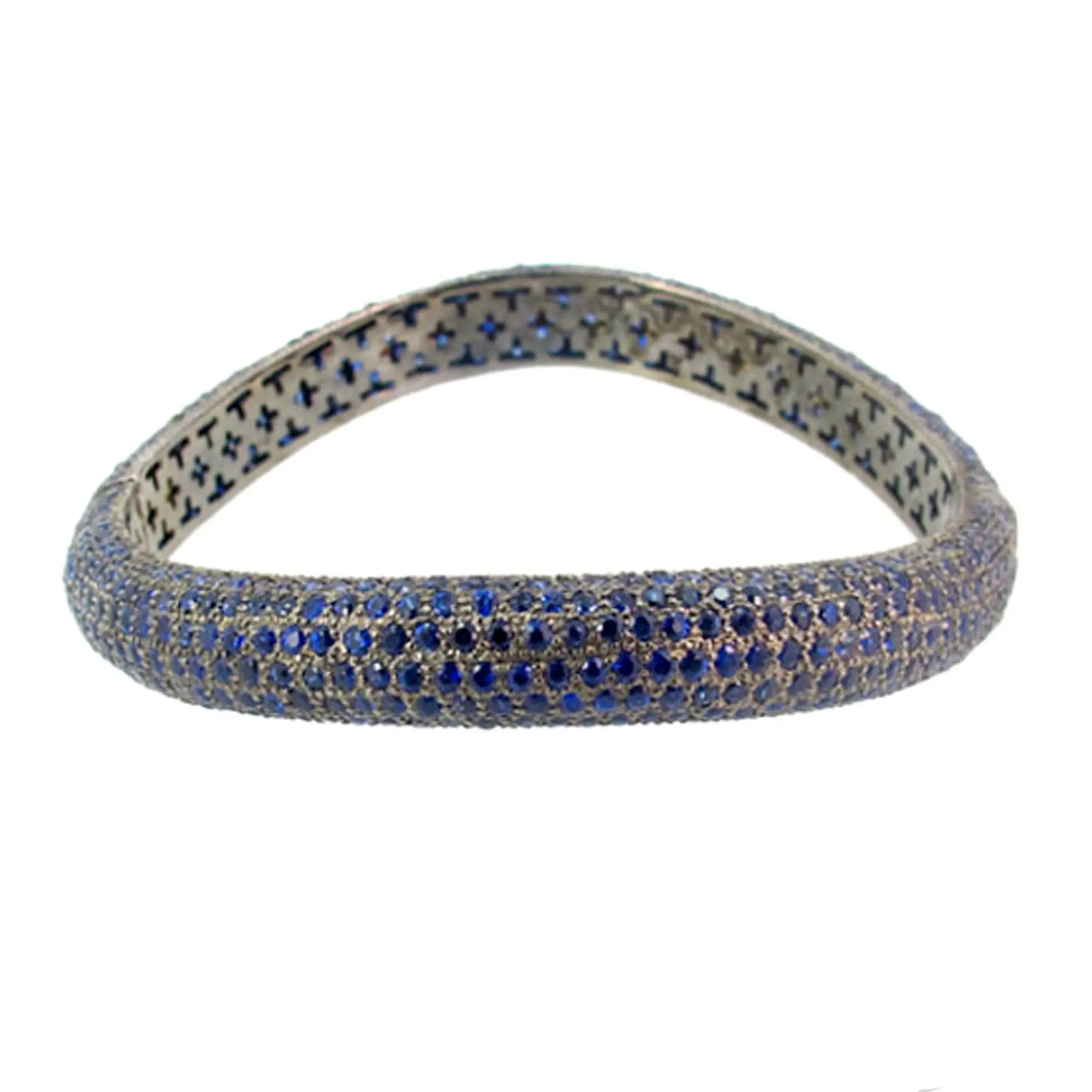 Meilleur cadeau pour bien-aimé Bracelet vague en or jaune 14 carats en argent sterling 925 pavé naturel bleu saphir pierre précieuse grossiste de bijoux fins