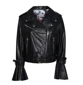 LEATHER JACKET MADE IN ITALY GENUINE NAPPA LEATHER WOMAN BIKER JACKET SLIM FIT BELT ON WAIST ITALIAN FASHION STYLE