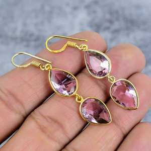 Pink Topaz Pear Drop Gemstone Dangle Earring 925 Sterling Silver Gold Plated Dangle Bezel Earring <b>Sister</b> Gift Earring For Mom - Product Image 2