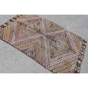 Alfombra Kilim turca Vintage 4,3X7,1 pies marrón verde diseño de retales tejido plano Jacquard técnicas lana látex pasillo rectángulo - Product Image 4