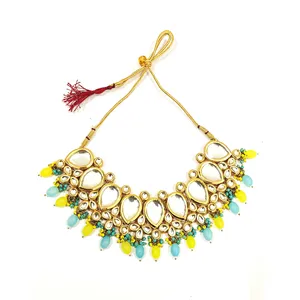 18K Gold Plated Kundan Vintage-style Yellow & Aqua <b>Ruby</b> <b>Necklace</b> Set for Parties & Gifts Includes Ring-Bridal & Fine Jewelry - Product Image 2