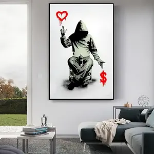 ภาพวาดกราฟฟิตีแบบนามธรรมของแบงก์ซี่บนผืนผ้าใบ ศิลปะสตรีทอาร์ตสมัยใหม่ โปสเตอร์ติดผนังในกรอบสีดำ - Product Image 2