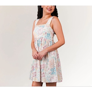 Women's Cotton Dobby Printed Mini Dress Elegant Casual Style Elastic Waist Hollow Decoration Knee-Length XS XL for Club ODM - Product Image 4