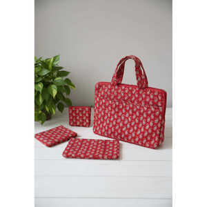 Conjunto de Bolso Tote para Portátil y Estuche Plano de Algodón con Estampado Paisley Rojo (Combo 4) Maletín para Computadora con Cierre de Cremallera y Asa, Ideal para el Trabajo - Product Image 2