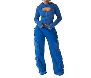 Nouveauté : Survêtement pour femme avec plusieurs poches cargo zippées, 100% coton molletonné 450 GSM, survêtements pour femme - Product Image 2