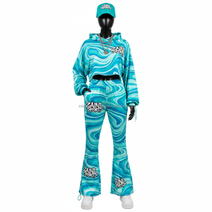 ชุดวอร์มผู้หญิงคุณภาพสูง ผ้าโพลีเอสเตอร์ผสมสแปนเด็กซ์ 280 GSM ลายพิมพ์สีฟ้าคราม พร้อมโลโก้สกรีน  ไซส์พลัส - Product Image 6