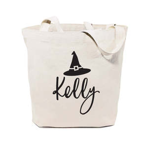 Personalized Name Open Closure Solid Color Witch Cotton Canvas Tote Bag - Product Image 1