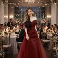 Robe de soirée longue rouge bordeaux coupe trapèze à col en V avec taille naturelle, unie, 100 % coton écologique, idéale pour bal de promo et invitées de mariage