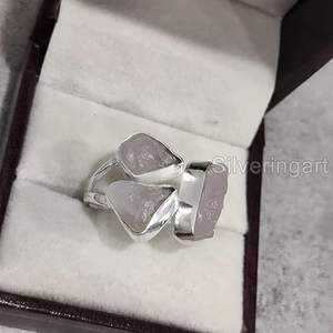 Rough Women's <b>Ring</b> Natural Rose Quartz April Birthstone Triple Stone <b>Adjustable</b> <b>Ring</b> Handmade Jewelry 925 Sterling Silver <b>Ring</b> - Product Image 3