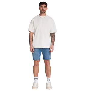 Pantalones cortos ajustados para hombre, pantalones cortos de mezclilla azul medio elásticos de corte clásico, ropa de verano, pantalones cortos informales elegantes de aspecto limpio, pantalones cortos cónicos - Product Image 1