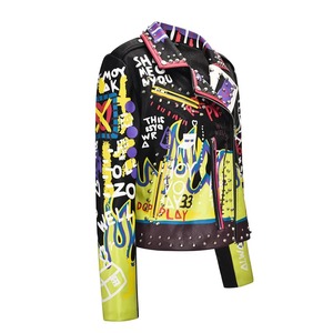 Vestes en cuir véritable et toile punk rock d'hiver pour hommes, patchs d'aigle graffiti de feu, rivets cloutés, mode streetwear, veste de moto - Product Image 2