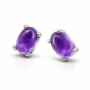 Amethyst Cabochon Oval Cut <b>Stud</b> Earrings Children's Party Gift Wholesale Trendy Wedding Rhodium-Plated Sterling <b>Silver</b> - Product Image 3
