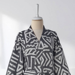 MixGeo Turkish Bathrobe <b>Black</b> & White Jacquard, <b>Kimono</b>, 100% Cotton - Product Image 2