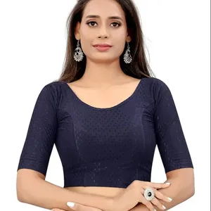 Indian Women Round Neck Dobby Cotton Stretchable Elbow Sleeve Readymade Saree Blouse for Women Stylish