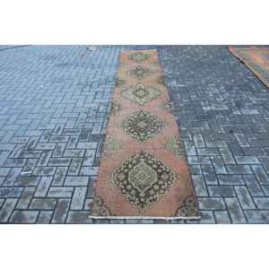 Vintage Turkish Rug, 2.4x11.3 ft <b>Runner</b> Rug, <b>Red</b> Brown Ikat Rug - Product Image 1