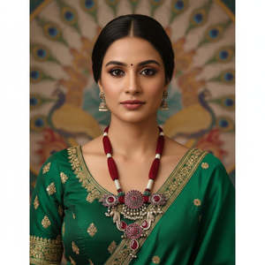 Collar Largo Tribal Tales con Colgante de Pavo Real con Incrustaciones de Piedras, Joyería Cultural Coleccionable - Product Image 1