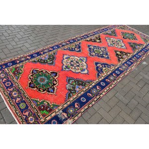 4.8x13 ft Vintage <b>Runner</b> Rug, <b>Red</b> Blue Turkish Persian Wool Rug - Product Image 2