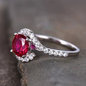 <b>Vintage</b> Art Deco Style 10K Solid <b>Gold</b> <b>Ring</b> 7 mm Round Cut Lab-Grown Ruby Curved Halo Engagement Wedding <b>Ring</b> for Gifts Parties - Product Image 3