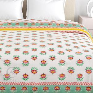 Traditional Printed Floral Cotton <b>Quilt</b> Green/Yellow Border Lightweight <b>Single</b> Bed Cover 85x55 Inches-Eco-Friendly - Product Image 4
