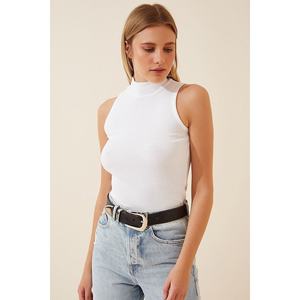 Blusa estiva da donna senza maniche a collo alto in maglia bianca e nera - Product Image 1