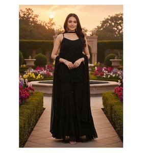 Nuevo Traje Sharara de Diseñador con Bordado de Cuentas y Tela de Georgette Sintética Pesada para Fiestas o Compromisos - Product Image 1