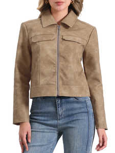 Veste en cuir automne-hiver personnalisée pour femmes avec col tournant solide manches complètes et doublure en satin respirant - Product Image 2