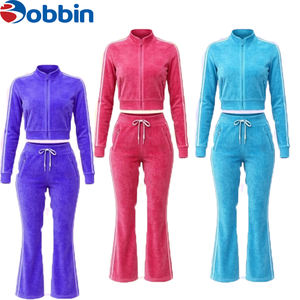 Ensemble de survêtement en velours pour femmes personnalisé, logo personnalisé, veste de survêtement en velours à fermeture éclair pour femmes avec pantalon évasé, 2 pièces - Product Image 4