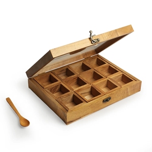 Caja de especias hecha a mano de árbol de la vida con cuchara en madera de teca 12 contenedores contenedor de especias con cuchara caja de madera Decoración de cocina - Product Image 6