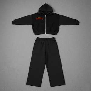High Quality Custom 420gsm Baggy <b>Fleece</b> 100% Cotton Flare Sweatpants and Zip up <b>Hoodie</b> Tracksuit Set for Men - Product Image 6