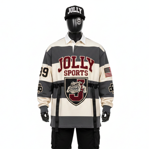 Chemise de rugby pour homme en coton épais de luxe, 290 GSM, tissu jersey durable, panneaux de couleur contrastée, logo brodé en chenille, vêtements décontractés - Product Image 6