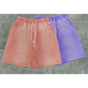 2024 cordón lavado ácido bordes crudos Vintage liso francés Terry algodón polar Jogger deportes desgastado algodón sudor pantalones cortos para hombres - Product Image 3