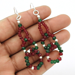 Ruby Emerald Gemstone Beaded Beaded <b>Earring</b> 925 Sterling <b>Silver</b> Custom Size Women Handmade <b>Dangle</b> Gemstone Beaded Hoop <b>Earrings</b> - Product Image 3