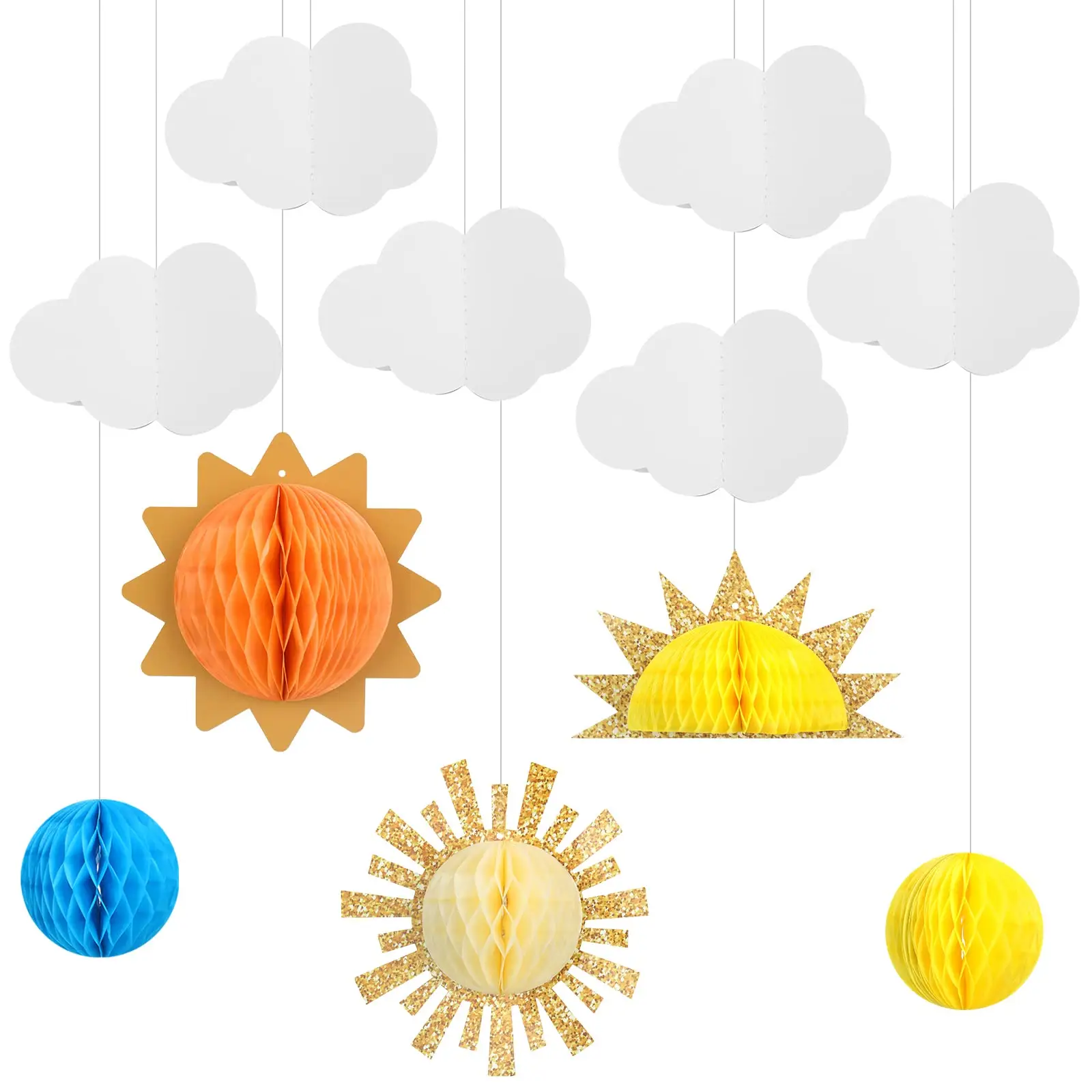 Bolas de tejido de sol y nubes, decoraciones de fiesta de sol, panal de abeja colgante, nubes 3D para papel de techo, adorno de bolas de panal