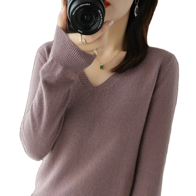 Women's Vintage 2025 Autumn Winter V-neck Slim Fit Solid Soft Knitwear Pullover Sweater Nylon/Cashmere Wool Lined Front Logo