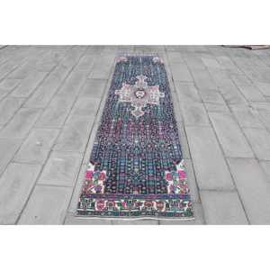 Tapis turc, tapis de couloir 2,6x10,9 pieds, tapis vintage, tapis en laine bleu et rose à bordures - Product Image 1
