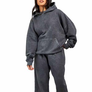 Custom Casual Hooded Acid Wash Flared Tracksuits 500 GSM Straight Leg Distress <b>Embroidery</b> Sweat Suit Hoodies Sweatpants <b>Sets</b> - Product Image 4
