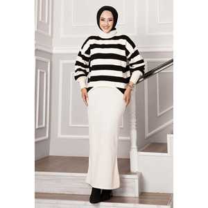 Ecru Wide Striped Crop <b>Dress</b> XS Size Natural Waistline Mix Fabric A-Line Fashionable Draped for Day Guests Weddings Washable - Product Image 1
